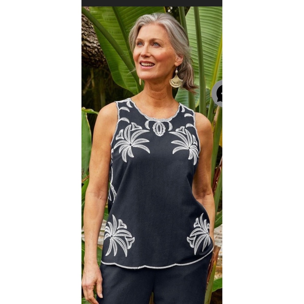 Soft Surroundings Bernita Linen Blend Black Embroidered Sleeveless Tunic Tank M